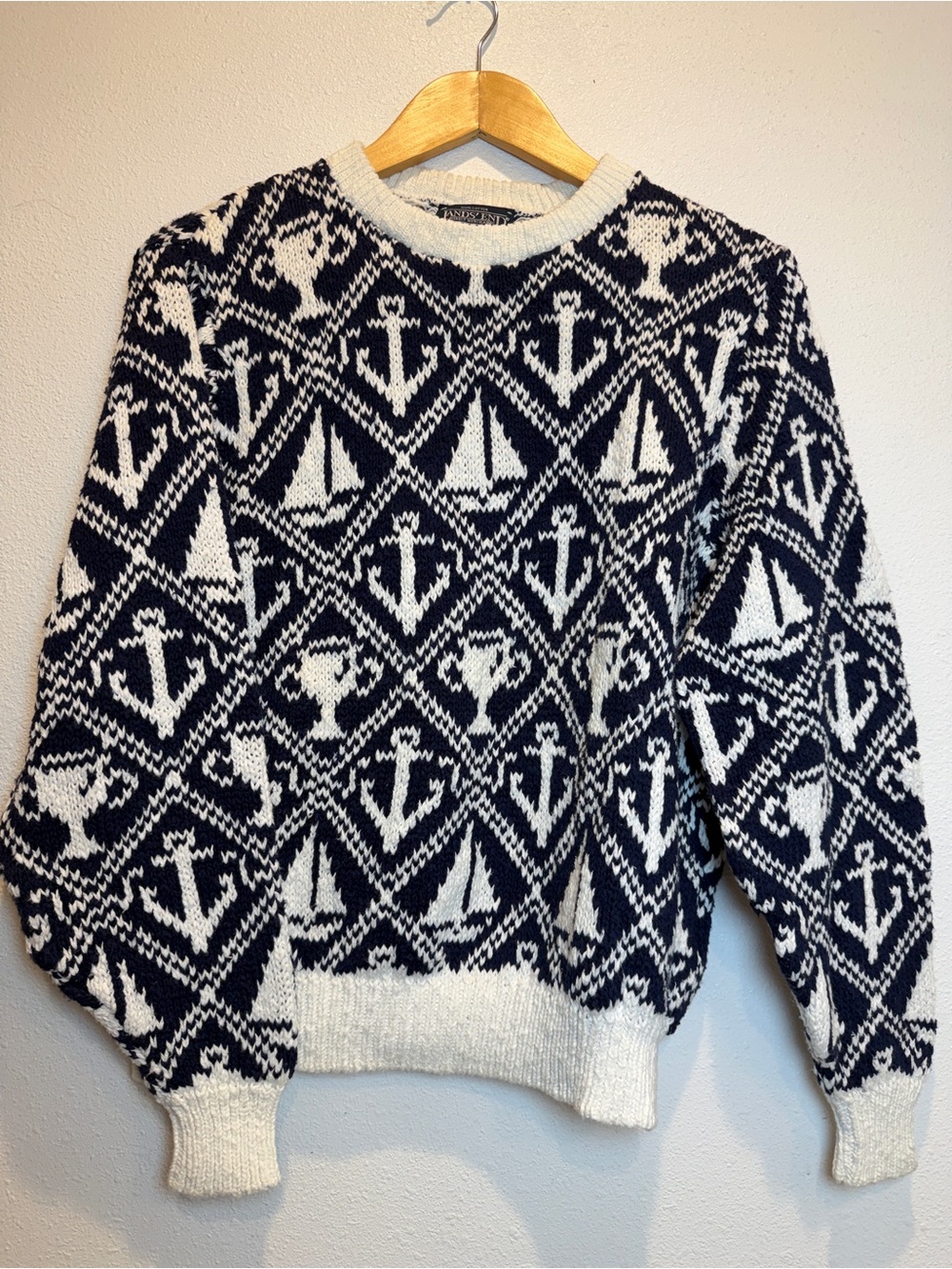 Lands' End Navy and White Nautical Navy White Anchor Sailboat Sweater Made USA M